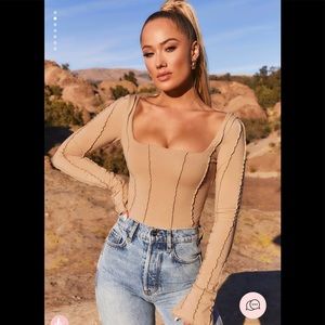 Oh polly Exposed Seam Long Sleeve Bodysuit in Beige